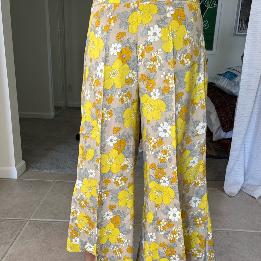 Veronica Beard Yellow and Gray Floral Wide Leg Pants